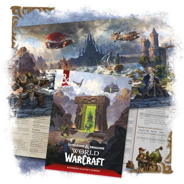 D&D World of Warcraft Dungeon Master's Screen, cover with the rules and art behind it