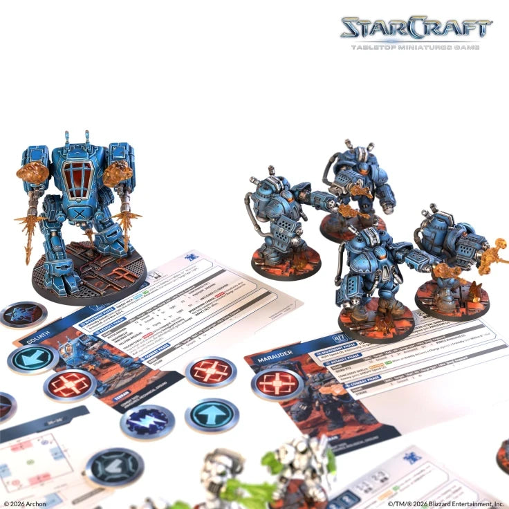 StarCraft Terran Starter Set, the Goliath and four Marauders with their unit cards, painted