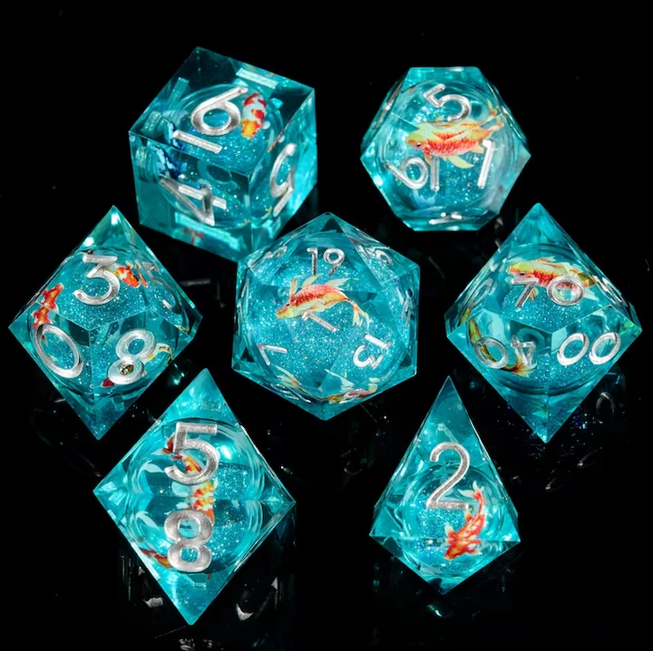 Koi Fish Dice Set, Liquid Core + Velvet Pouch