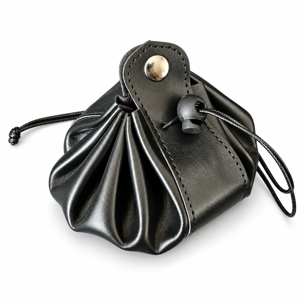 Black dice bag, closed, with snap strap and cord lock