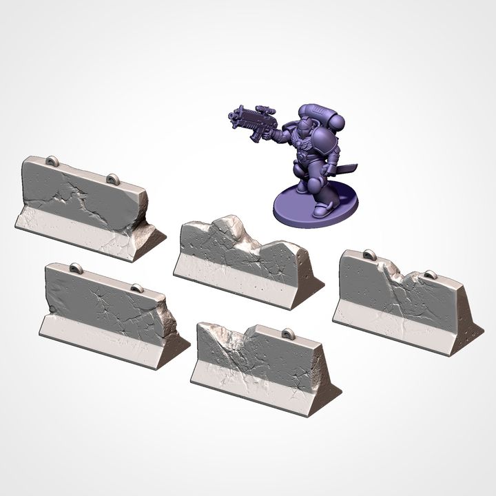 Jersey barriers and low walls, shown beside a 32mm miniature for scale