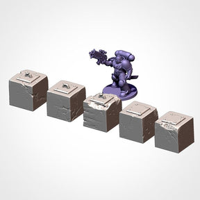 Crate and hatch blocks, shown beside a 32mm miniature for scale