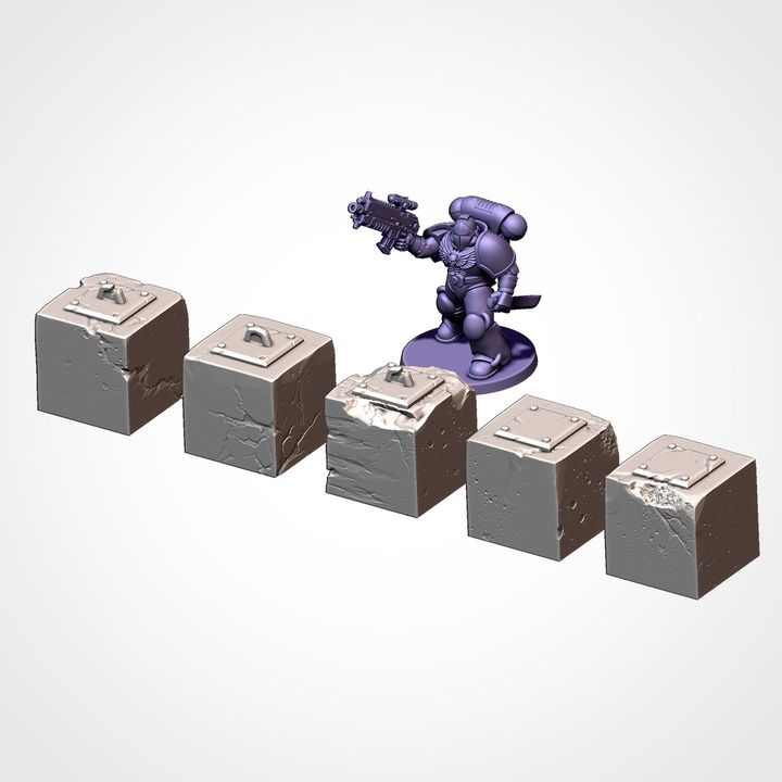 Crate and hatch blocks, shown beside a 32mm miniature for scale