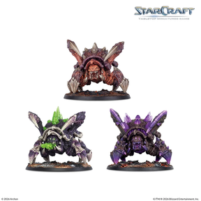 StarCraft Zerg Starter Set, a Roach and its Corpser and Vile builds, painted