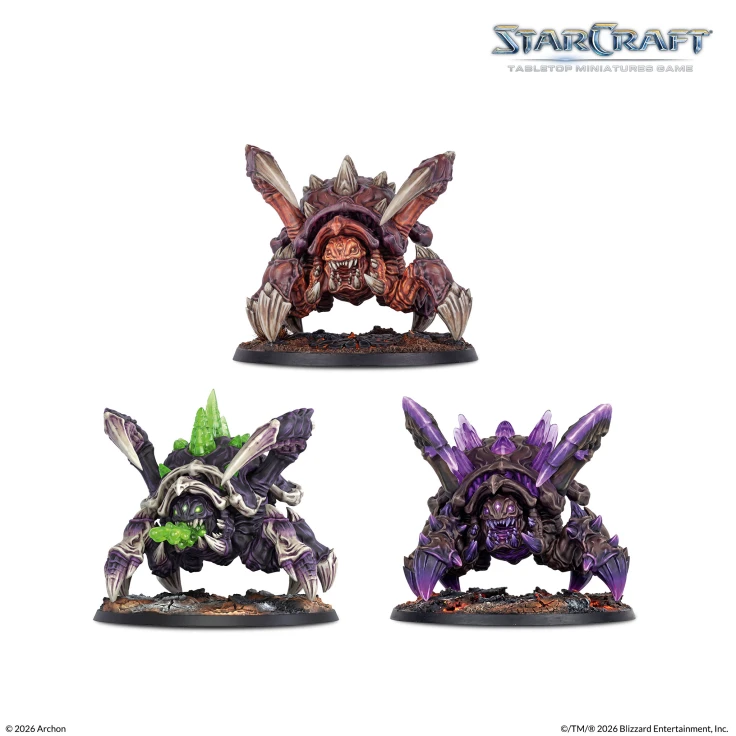 StarCraft Zerg Starter Set, a Roach and its Corpser and Vile builds, painted