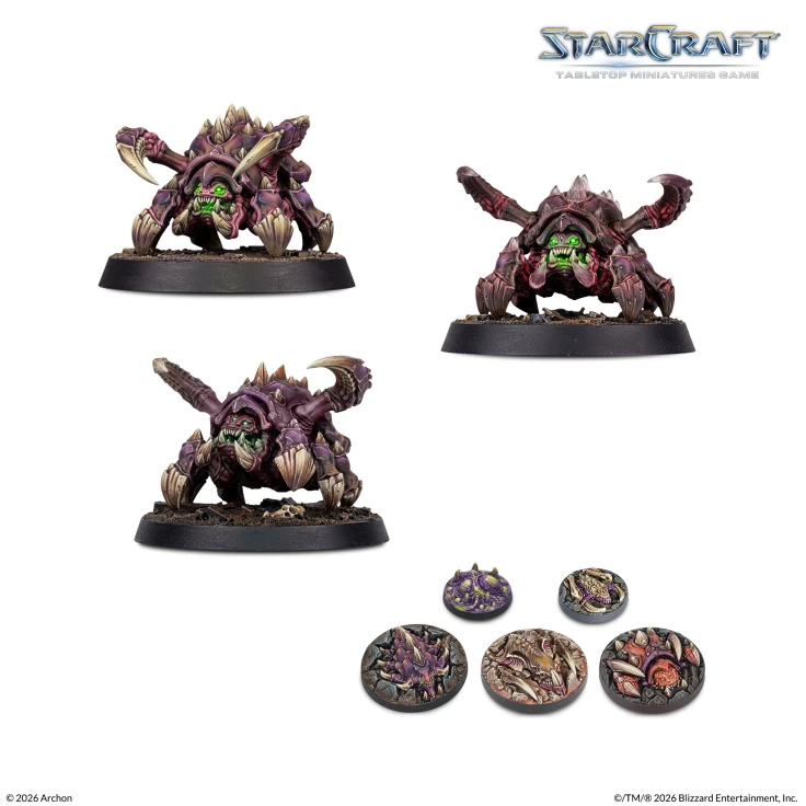 StarCraft Zerg Starter Set, three Roachlings and the plastic tokens, painted