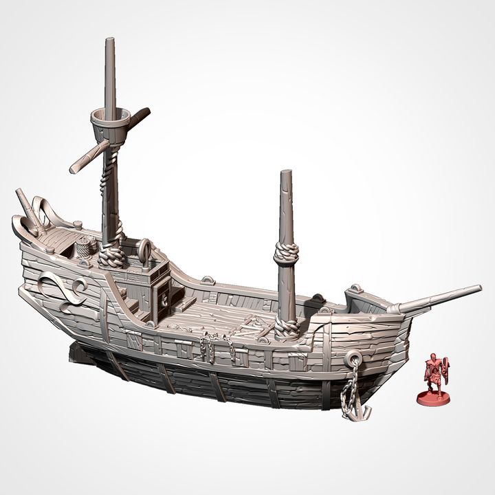 Masted ship, shown beside a 32mm miniature for scale