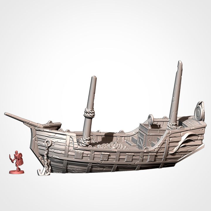 Second masted ship, shown beside a 32mm miniature for scale