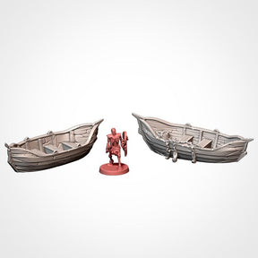 Rowboats, shown beside a 32mm miniature for scale