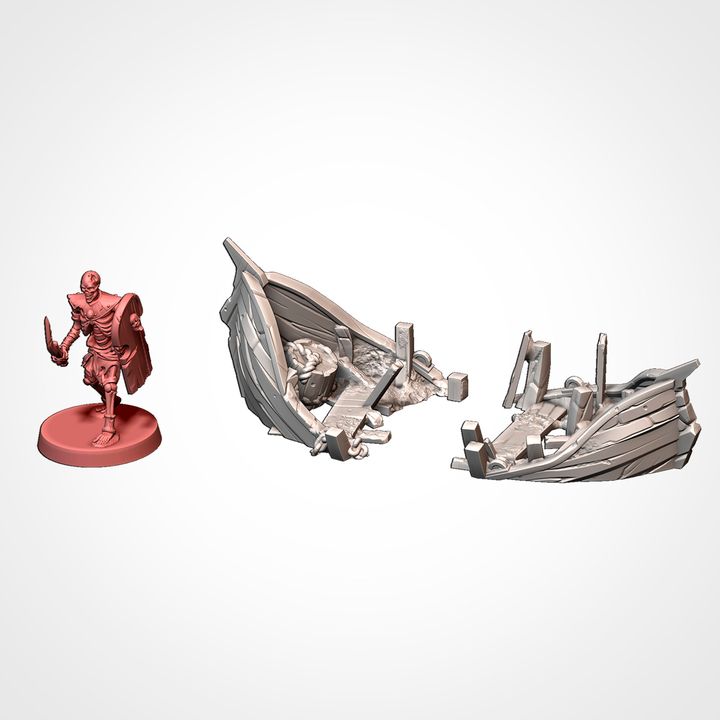 Shattered hull debris, shown beside a 32mm miniature for scale