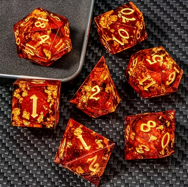 Gilded Ember Dice Set + Velvet Bag, seven dice
